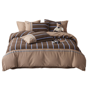 TeenieWeenie美拉德风全棉磨毛四件套纯棉冬季加厚条纹被套罩床单