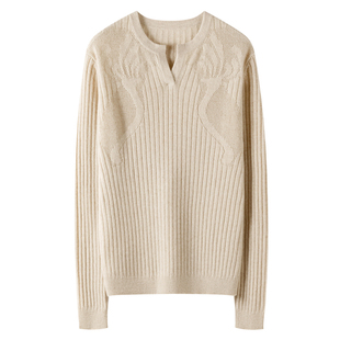 镂空花100%山羊绒女士V领针织衫通勤保暖打底衫极简风 YH24-06
