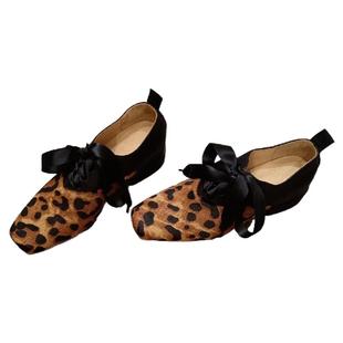 6cm内增高豹纹真马毛拼接羊皮系带防滑中跟单鞋超好看独特漂亮鞋