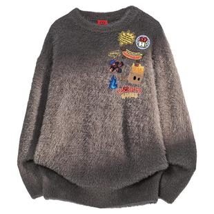 查尔斯桃心美式图案印花毛衣男圆领冬季新款潮牌情侣海马毛针织衫