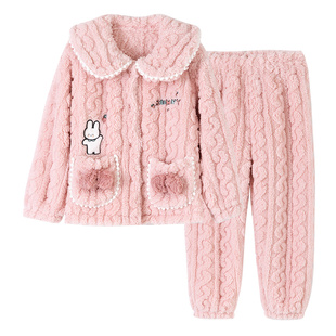 顶呱呱女童法兰绒睡衣秋冬保暖小女孩珊瑚绒公主风中大童家居套装