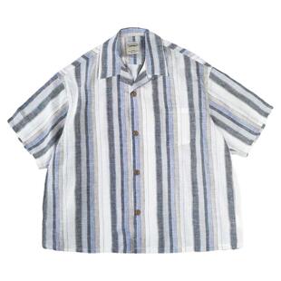 SONOFL复古廓形条纹短袖衬衫亚麻古巴领衬衫阿美咔叽日系潮牌