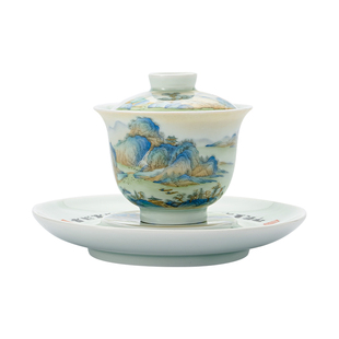 诚德轩陶瓷三才盖碗高档功夫茶具景德镇手绘千里江山图单个泡茶碗