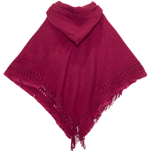 秋冬纯色带帽披巾女针织外搭春秋旅游拍照流苏套头连帽斗篷披肩