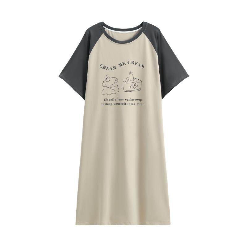 芬腾睡裙女夏季纯棉插肩撞色短袖睡衣胖妹妹时尚印花大码连衣裙子