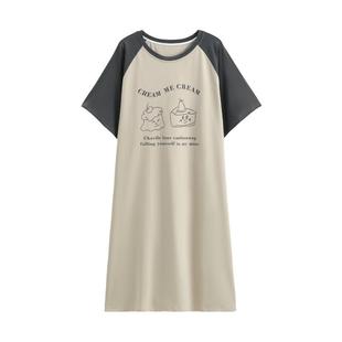 芬腾睡裙女夏季纯棉插肩撞色短袖睡衣胖妹妹时尚印花大码连衣裙子