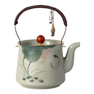 哥窑手绘鱼戏提梁壶一人用冰裂釉陶瓷家用单壶大容量茶壶中式茶具