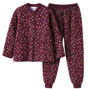 妈妈夹棉保暖内衣冬舒适纯棉睡衣女款中老年人全棉加厚家居服套装