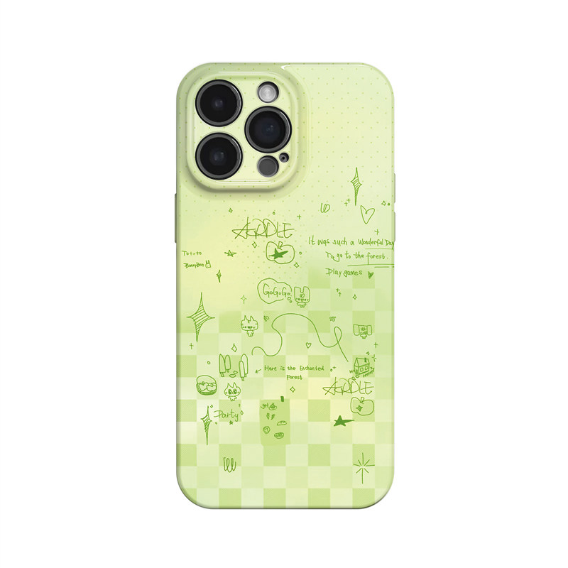 青苹果涂鸦~清新小众格子ins适用iPhone16/15pro手机壳华为mate70小米14可爱vivoS19软iqooneo10苹果14荣耀90