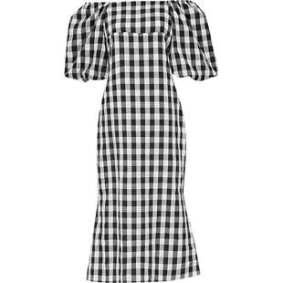 夏季女装2026新款时尚气质黑白格纹泡泡袖修身收腰显瘦连衣裙长裙