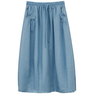 一三良品小个子 天丝休闲百搭松紧腰白色蓝半身裙长裙花苞裙女夏