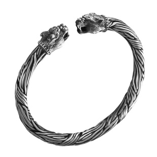 足银999手工祥云金箍棒男士纯银手镯复古潮个性霸气虎头编织手环