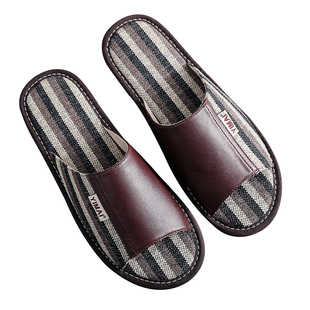 轻奢男士皮拖鞋北欧设计师 美式真皮拖鞋家居室内亚麻软底女夏天