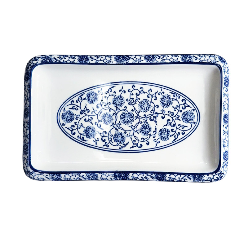 青花瓷长方形盘子中式复古菜盘点心盘肠粉盘早餐碟子小吃餐厅餐具