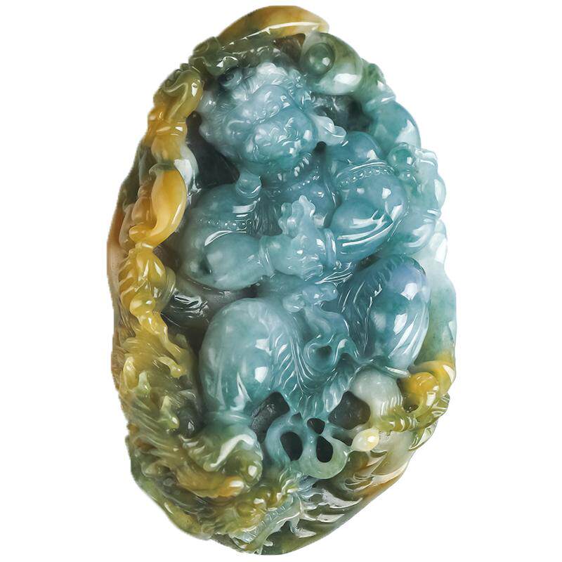 缅甸翡翠黄翡三彩不动明王正品