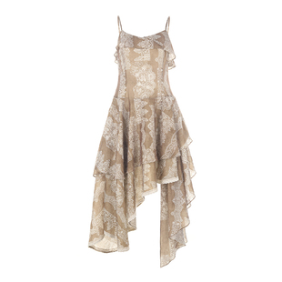 wana try蕾丝印花麻棉多层次吊带裙2025早秋新品杏色气质连衣裙女