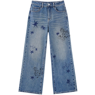 【商场同款】乐町印花图案宽松直筒裤新款宽松牛仔裤子C2HAG1214