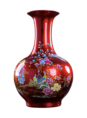 景德镇陶瓷器花瓶大号中国红色乔迁新家装饰品家居客厅落地摆件