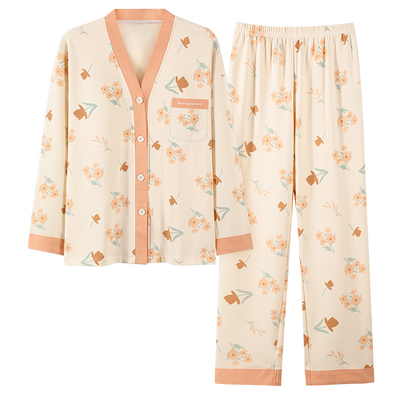 带胸垫一体睡衣女春秋款纯棉长袖和服冬季甜美撞色外穿家居服套装