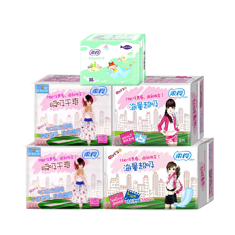 柔伶卫生巾女日夜组合装姨妈巾夜用整箱批发学生用品牌超薄透气棉