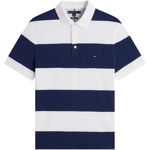 Tommy26春夏新款男装珠地棉复古学院风宽条纹修身短袖T恤POLO衫
