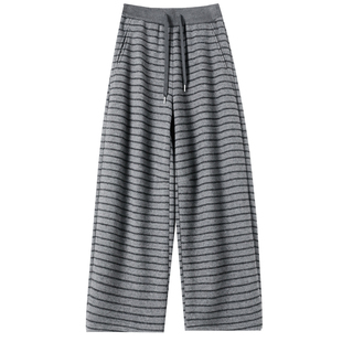 毛呢条纹裤女秋冬新款加绒加厚高腰垂感复古休闲宽松香蕉阔腿裤子