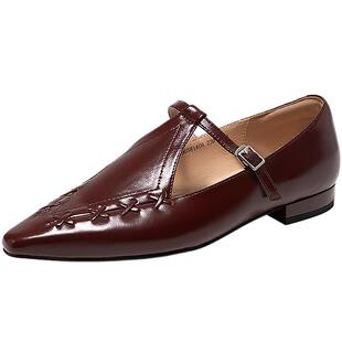 【博主热荐】千百度真皮玛丽珍鞋女百搭春新款T字鞋浅口平底单鞋