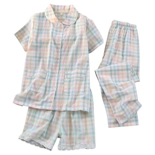 夏季三件套睡衣女短袖薄款水洗棉2025新款开衫格子100%全棉家居服