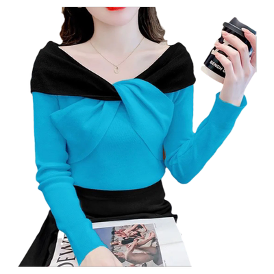 新款秋冬独特上衣撞色一字肩毛衣