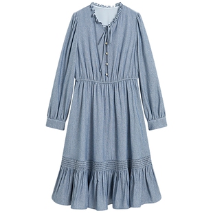 KBNE法式复古修身长袖连衣裙女2026春季新款小个子收腰百褶亚麻裙