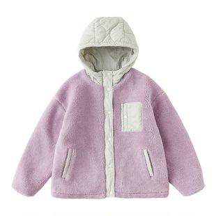 儿童女仿羊羔毛外套亲子拼接保暖宽松连帽上衣中大童摇粒绒秋冬款