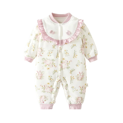 女宝宝婴儿外出夹棉连体衣秋冬120g加棉加厚哈衣保暖棉衣儿童爬服