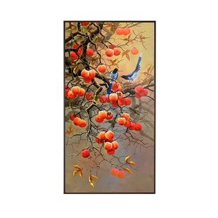 印花正品DMC十字绣客厅玄关走廊过道中式竖版事事如意花鸟柿子图