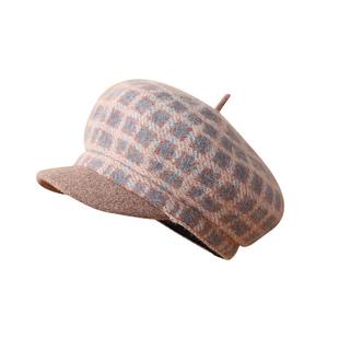 新款秋冬羊毛贝雷帽英伦格子八角帽时尚百搭蓓蕾帽修脸显瘦帽子女