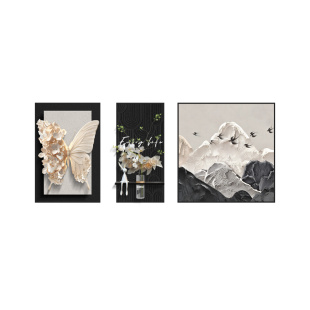 新款法式中古风客厅装饰画蝴蝶花卉山川沙发背景墙挂画三联组合画