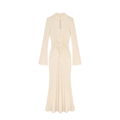 木子李的李新中式巨好看的早秋连衣裙立领刺绣针织长裙开衫外套女