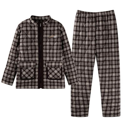 冬款男士梭织夹棉睡衣2025新款三层加绒加厚立高领纯棉格子家居服