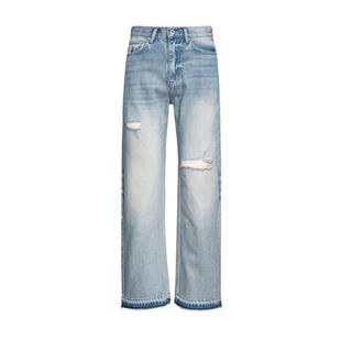 LEONSENSE力上司 超柔垂坠破洞牛仔裤宽松直筒浅蓝色做旧毛边百搭