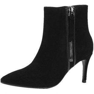 Aee/爱意冬靴子时尚双拉链细跟高跟尖头短靴女短筒靴子1618505034