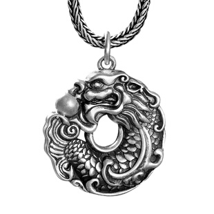 鱼化龙平安扣吊坠纯银男士复古个性吉兽摩羯挂件99足银龙鱼项链女
