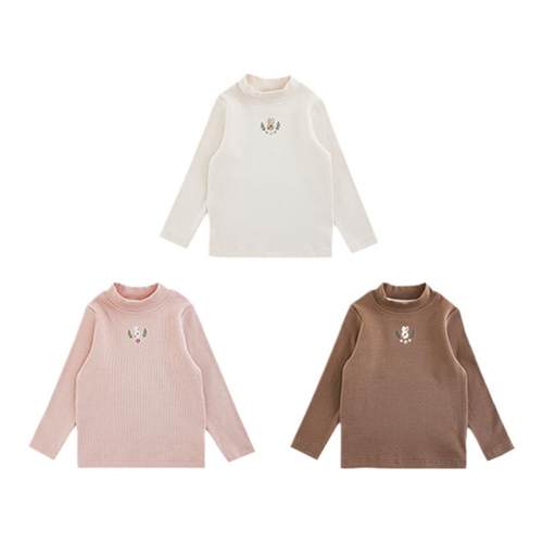 幼悠 女童花花小兔绣花半高领打底衫冬季童趣可爱软糯回弹休闲T恤