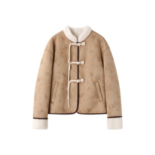 XWI欣未新中式竹叶压花麂皮绒外套女冬季皮毛一体设计感国风棉袄