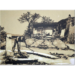 风景装饰画特色创新多层套色剪纸水井画家居装饰画出国礼品送老外