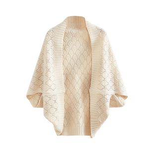 春秋镂空针织披肩女2025新款时尚旗袍外搭配裙子米色开衫毛衣外套