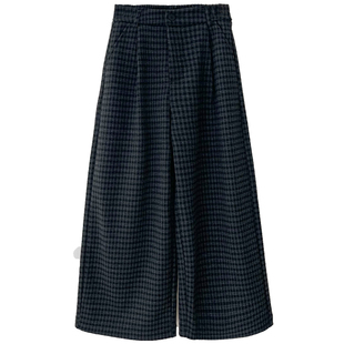 后半松紧腰加厚加绒格子休闲阔腿裤女冬季宽松直筒小个子裤子秋冬