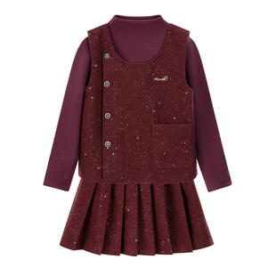 迪士尼女童套装2026新款冬装洋气时髦女孩拜年服裙子女童红色套装