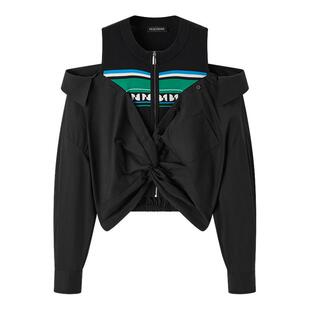 太平鸟女装春季拼接露肩上衣都市休闲棉衬衫A3CDE1417