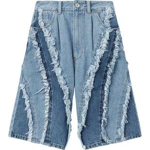 IT SJYP女装牛仔短裤阔腿裤新款时髦个性毛边装饰拼接中裤2100XM