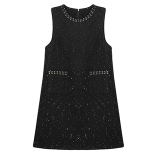 柒院家大码女装钉珠小香风圆领背心连衣裙2025秋冬宽松显瘦中长裙