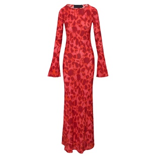 GARGA碎花绝美红色长袖连衣裙女2026春装新款修身度假鱼尾裙长裙